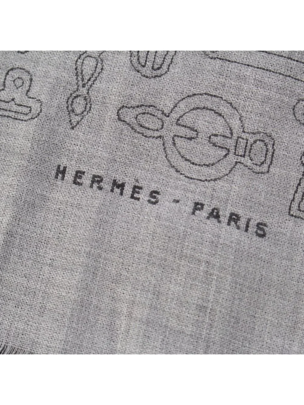 Hermes Cashmere Silk Horse Tack Pattern Large Shawl Scarf Gray - Picture 7 of 10